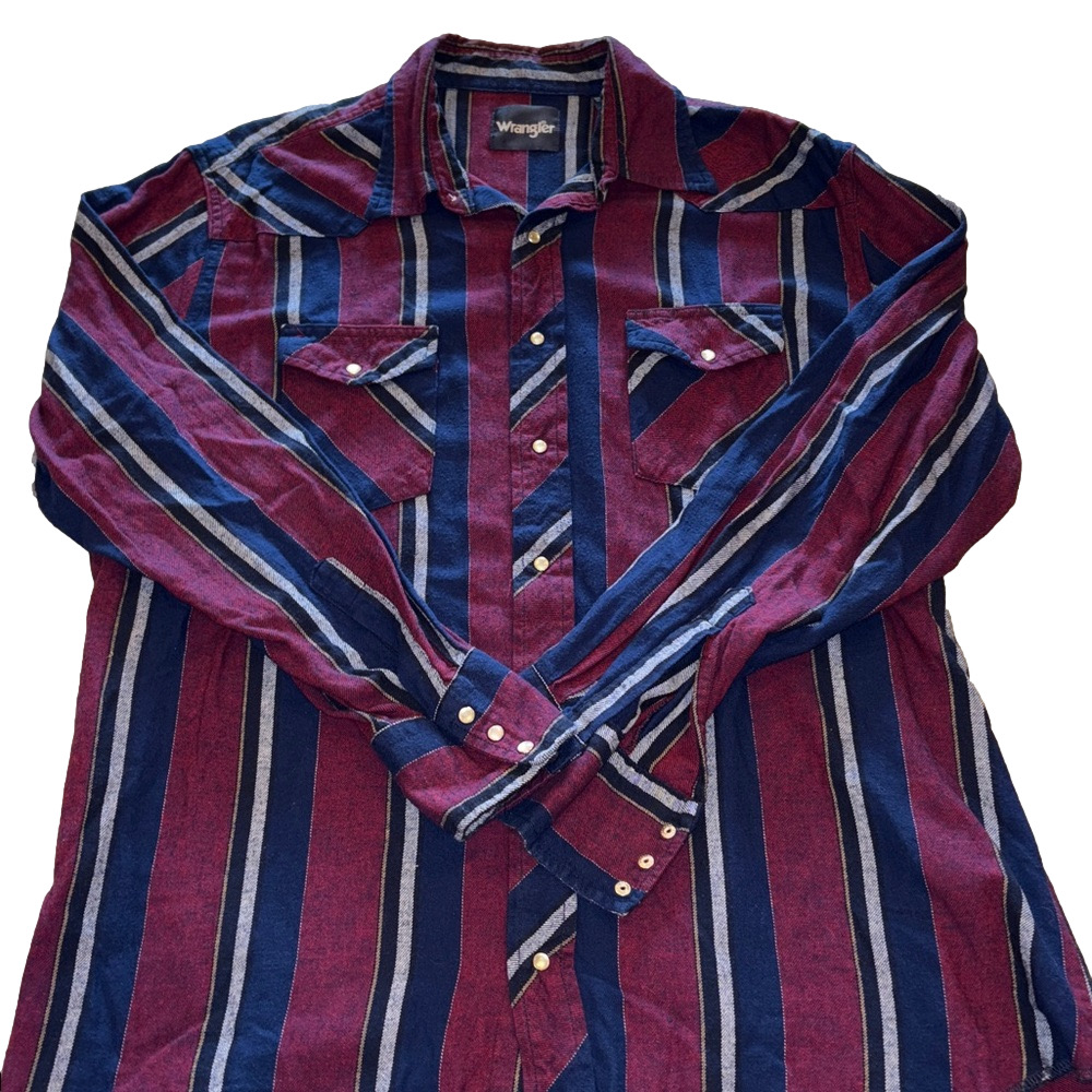 Wrangler Mens Vintage XL Burgundy and Navy Striped Long Sleeve Flannel Shirt